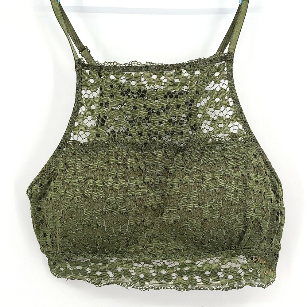 Hush Intimates Medium Olive green daisy floral lace highneck bralette padded